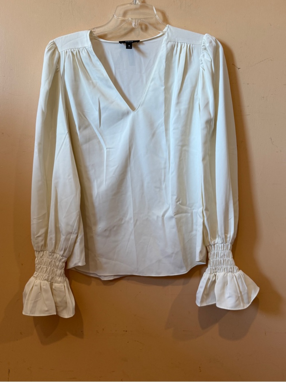 NWT Aqua Ivory V-Neck Blouse with Smocked Ruffle Cuffs